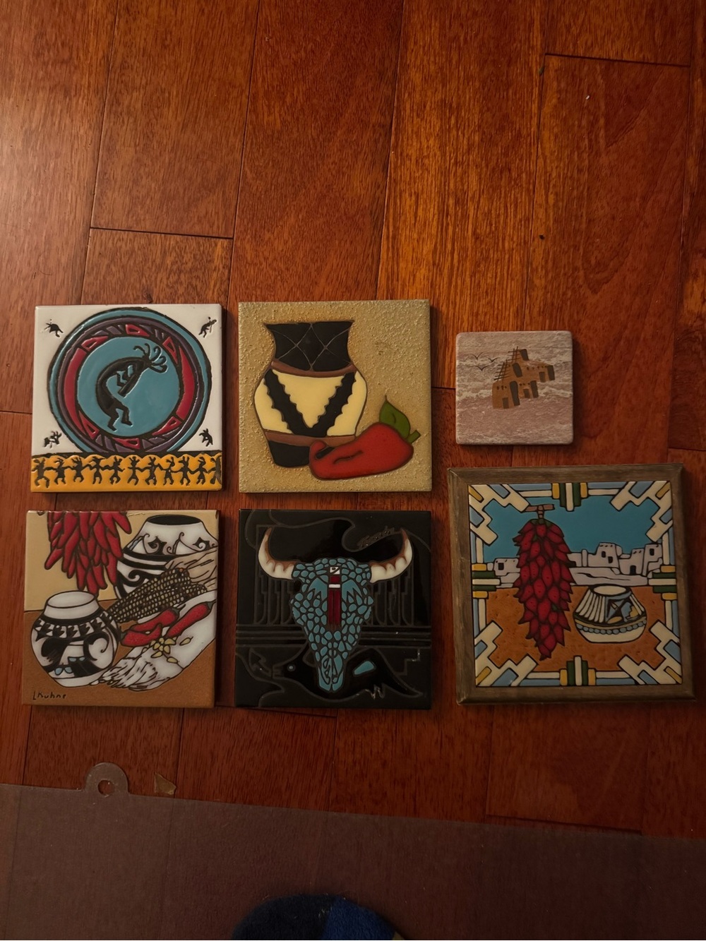 Handcrafted Southwestern Tile Art Set (6)— Turquoise, Red, Black & Cream
